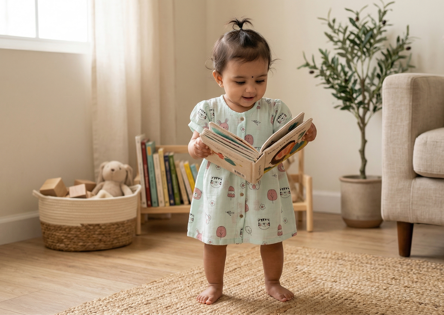 Aqua Friends Muslin Puff-Sleeve Dress