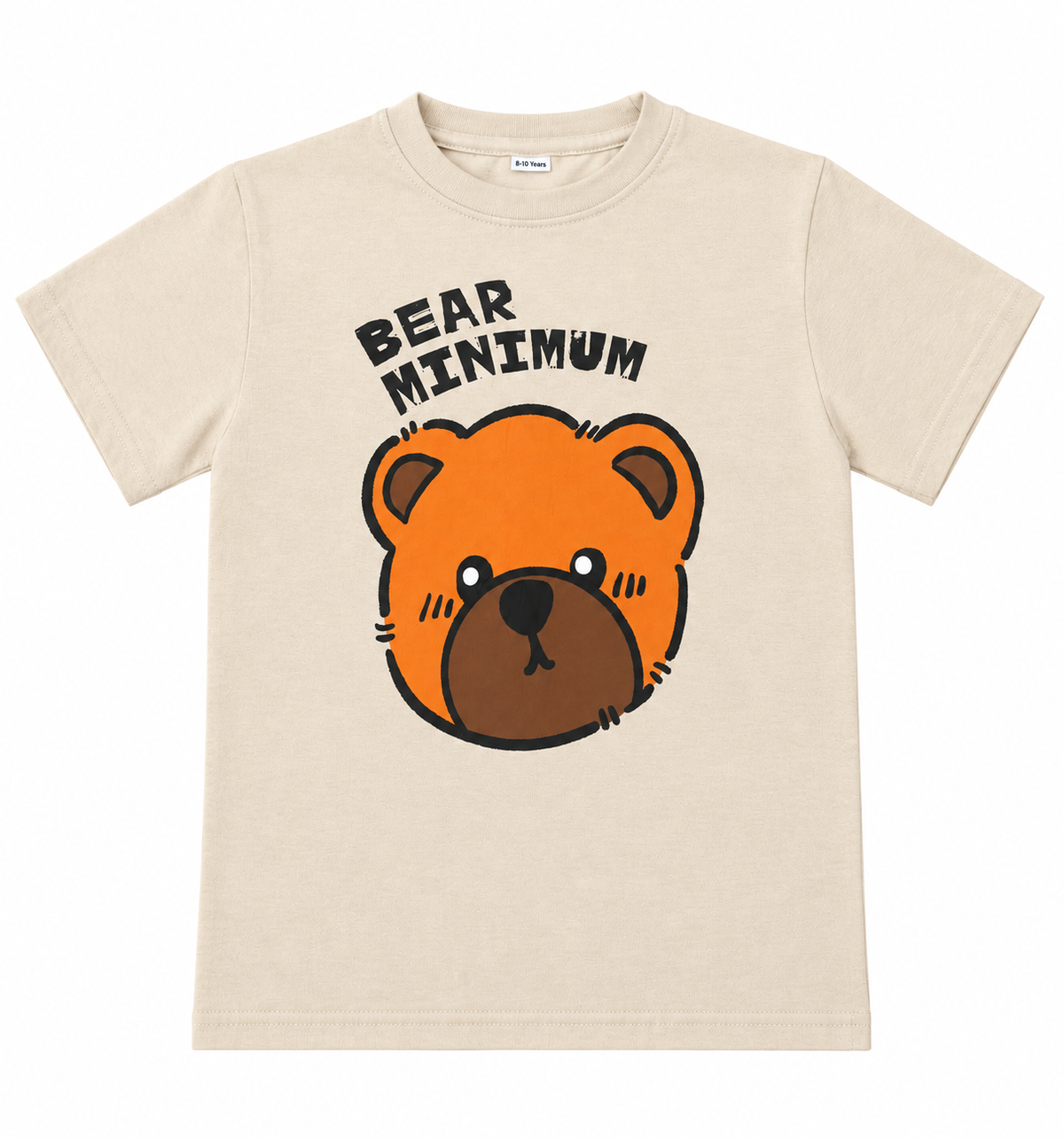 Beige kids T-shirt with a bear graphic, front view