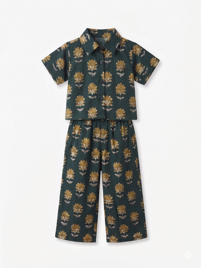 Dark Green Lotus Cotton Co-ord Set