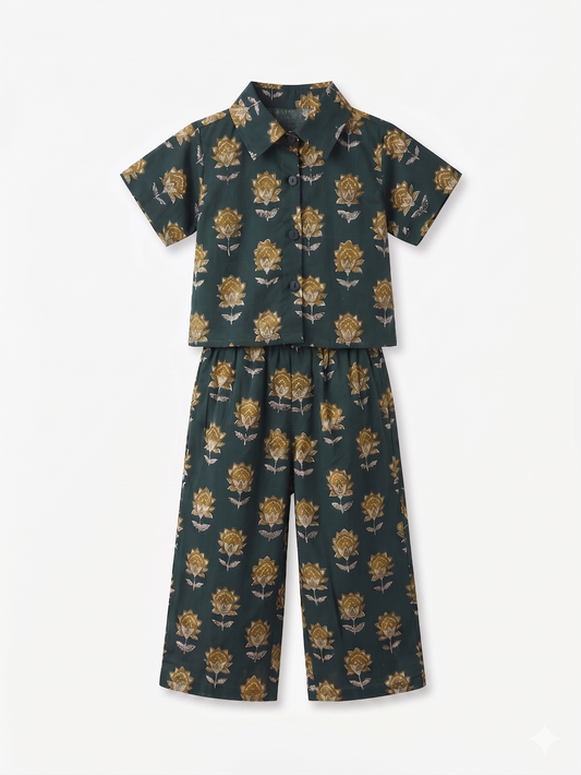 Dark Green Lotus Cotton Co-ord Set
