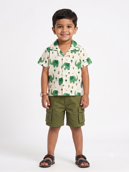 Playful Green Elephant Cotton Shirt