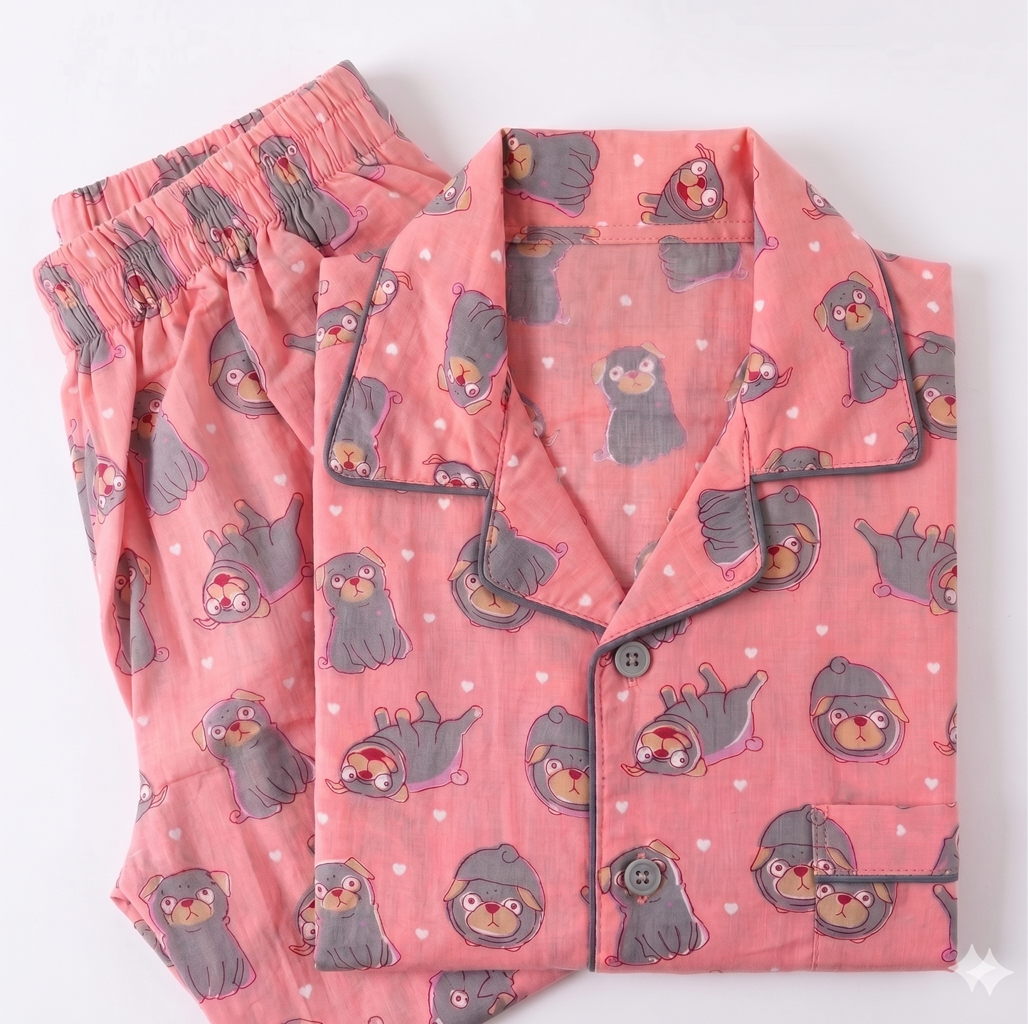Playful Pug Pink Cotton Pajama Set