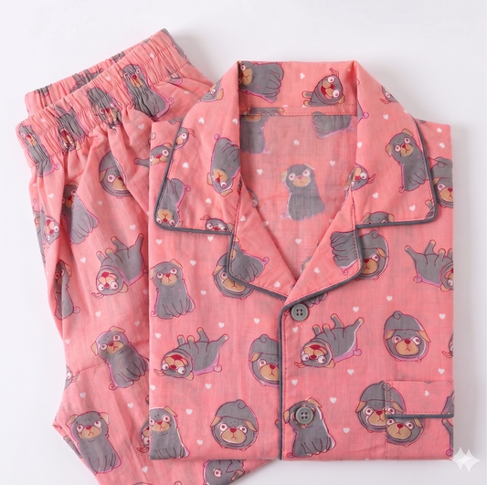 Playful Pug Pink Cotton Pajama Set