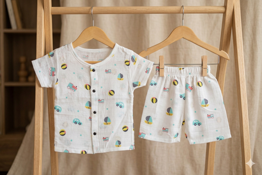 Little Adventurer Muslin Set – Transport Print