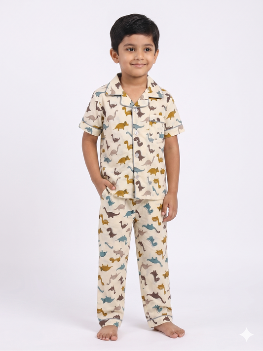 Earthy Dinosaur Cotton Half-Sleeve Pajama Set