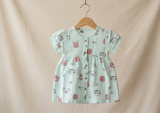 Aqua Friends Muslin Puff-Sleeve Dress