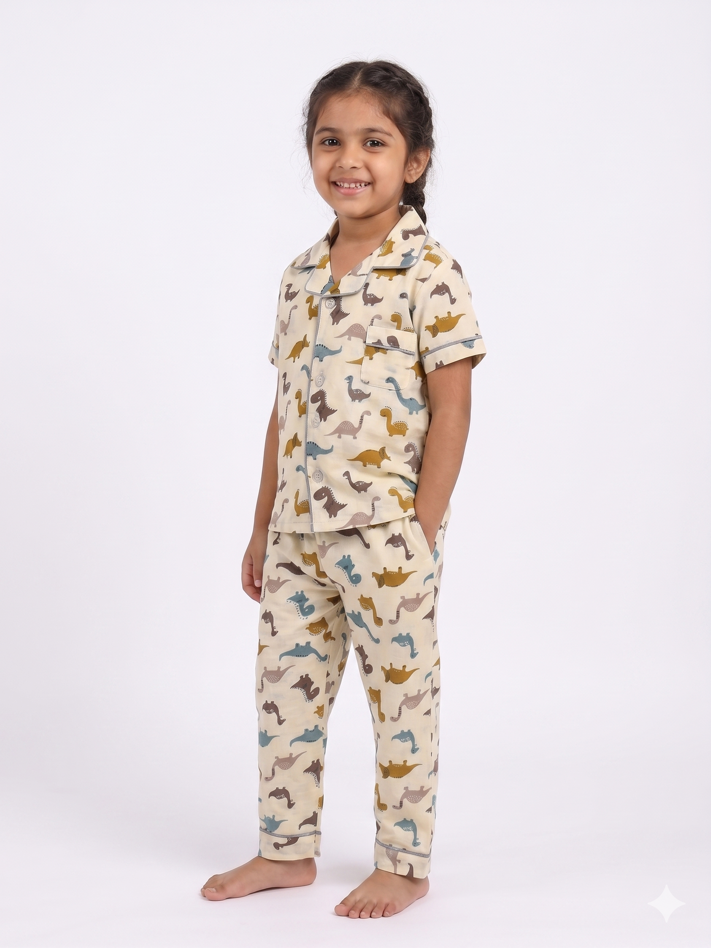 Earthy Dinosaur Cotton Half-Sleeve Pajama Set